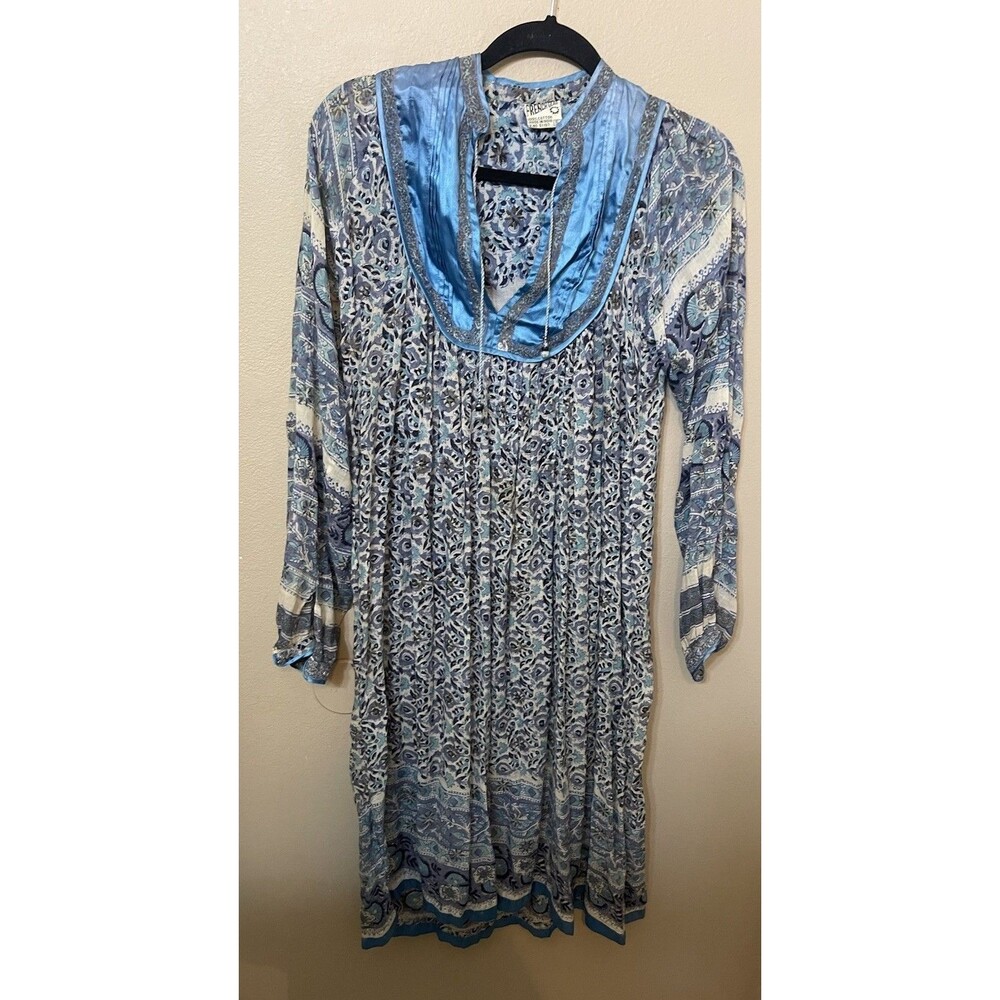 French Gear Vintage Women’s Long Dress 70’s Boho Hippie Chic Blue Print Size SM